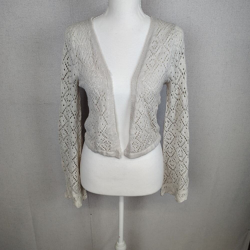 Pink Rose Open Front Crochet Knit Cardigan Boho Ivory Size Large